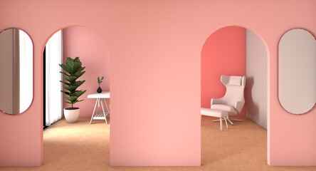 3d rendering of pink room design with white designed sofa and table.