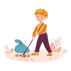 A little boy rakes the foliage debris. Garbage recycling nature cleaning concept. Vector illustration in flat cartoon. Isolated on a white background.