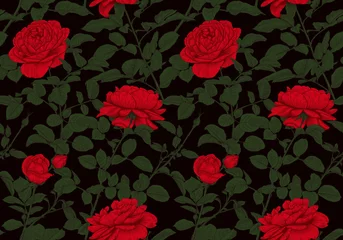 Fototapeten Floral vintage seamless pattern with red roses on dark background. Flowering ornament . Botanical illustration, hand-drawn in vector. Colorful. © Anna