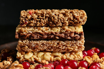 Plate with healthy cereal bars and cranberries on dark background