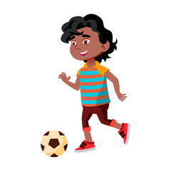 Boy Kid Kicking Soccer Ball On Stadium Vector. African Little Child Playing Football And Kick Ball On Playground Field. Happy Character Schoolboy Enjoy Sport Game Flat Cartoon Illustration