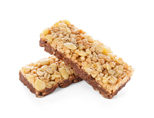 Healthy cereal bars on white background