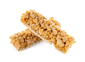 Healthy cereal bars on white background