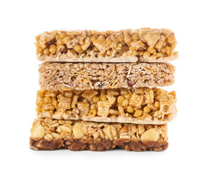Healthy cereal bars on white background