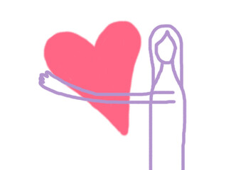 ハートを持つ女性人物イラスト_クレヨン線画