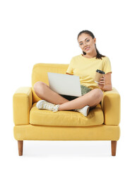 Young woman with laptop relaxing in armchair on white background