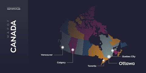 Canada map with States info graphic. Abstract vector map of Canada with capital and major cities. Dots composition map on dark background. 