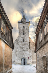 Catholic church in winter day, Kuldiga, Latvia.