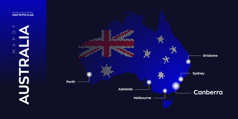 Obraz na płótnie Canvas Australia map with flag info graphic. Abstract vector map of Australia with capital and major cities. Dots composition map on dark background. 
