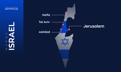 Israel map with flag info graphic. Abstract vector map of Israel with capital and major cities. Dots composition map on dark background. 