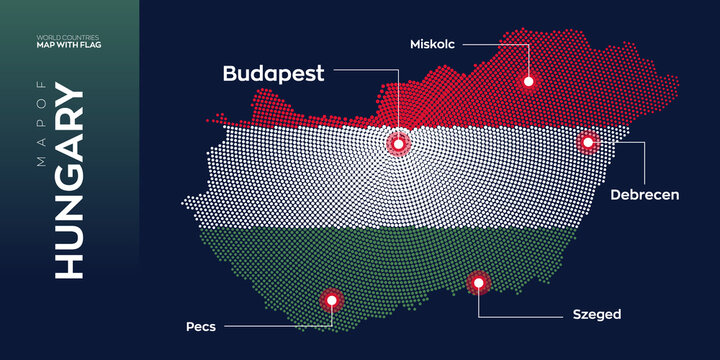 Hungary map with flag info graphic. Abstract vector map of Hungary with capital and major cities. Dots composition map on dark background. 