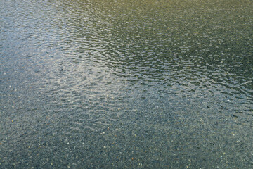 Texture of transparent calm water of lake with stony bottom. Meditative ripples on clear water surface. Nature minimal background of beautiful lake of iridescent color - blue, green, turquoise, azure.
