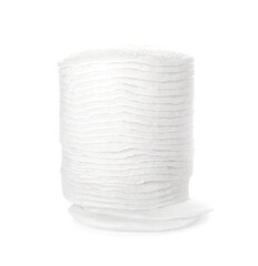 Stack of cotton pads on white background