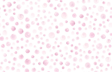 Fototapeta na wymiar Seamless Rose Watercolor Circles. Vintage Hand Paint Dots Wallpaper. Geometric Hand Drawn Fabric. Cute Pink Watercolor