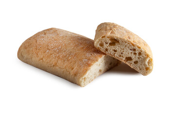 Fresh ciabatta bread isolated on white background. Sliced italian bread.