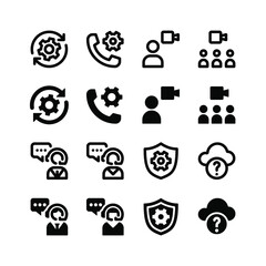 Simple Set of Help and Support Related Vector Glyph Icons. Contains Icons as Call Configuration, Virtual Meeting, Customer Support and more.