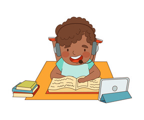 Home Study and Distance Learning with African American Boy In Front of Tablet PC Training and Doing Homework Vector Illustration