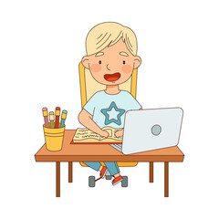 Home Study and Distance Learning with Blond Boy In Front of Laptop Training and Doing Homework Vector Illustration