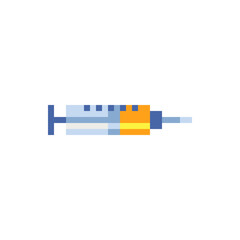Vaccination logo. Pixel art icon. Syringe with injection medicine isolated vector illustration. Vaccine injection, 8-bit sprite. Design stickers, logo, mobile app.