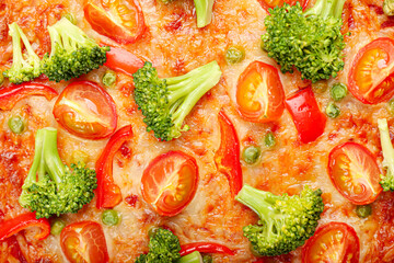 Tasty vegetarian pizza as background, closeup