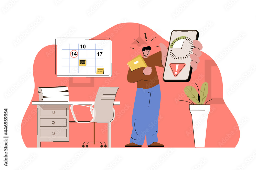 Poster Deadline date concept. Worried employee holds phone with timer, deadline for task situation. Work stress people scene. Vector illustration with flat character design for website and mobile site