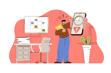 Deadline date concept. Worried employee holds phone with timer, deadline for task situation. Work stress people scene. Vector illustration with flat character design for website and mobile site