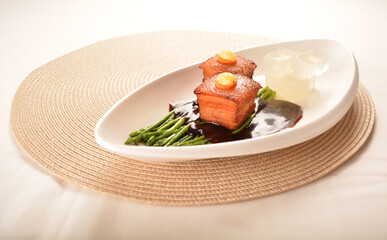 braised pork belly spare ribs trotter with vegetable in dark soy thick sauce fine dining plating asian meat menu
