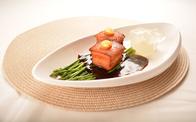 braised pork belly spare ribs trotter with vegetable in dark soy thick sauce fine dining plating asian meat menu