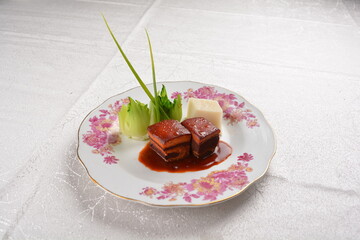 braised pork belly spare ribs trotter with vegetable in dark soy thick sauce fine dining plating asian meat menu