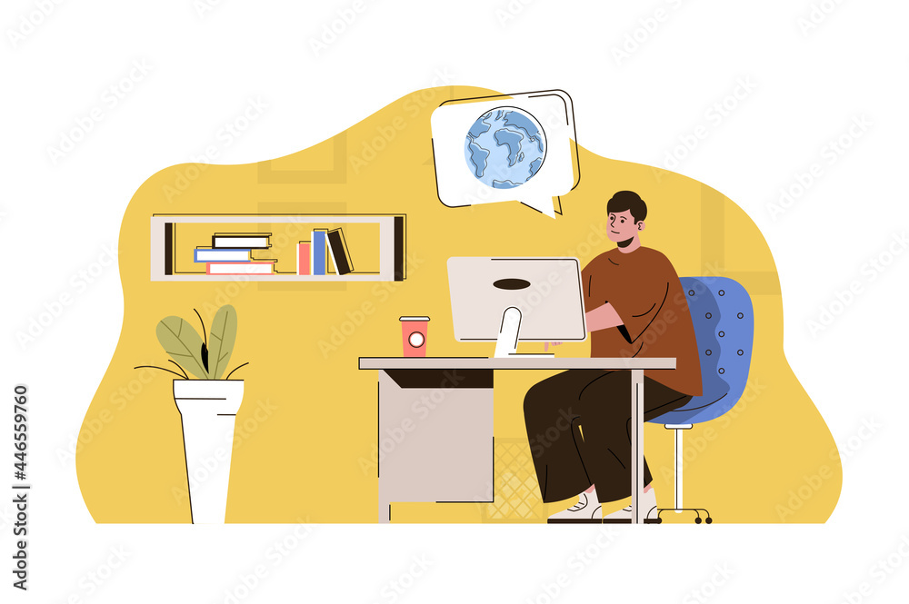 Poster Foreign education concept. Student studies at computer at foreign university situation. Online learning people scene. Vector illustration with flat character design for website and mobile site