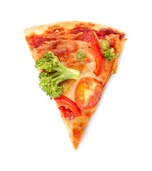 Slice of tasty vegetarian pizza on white background