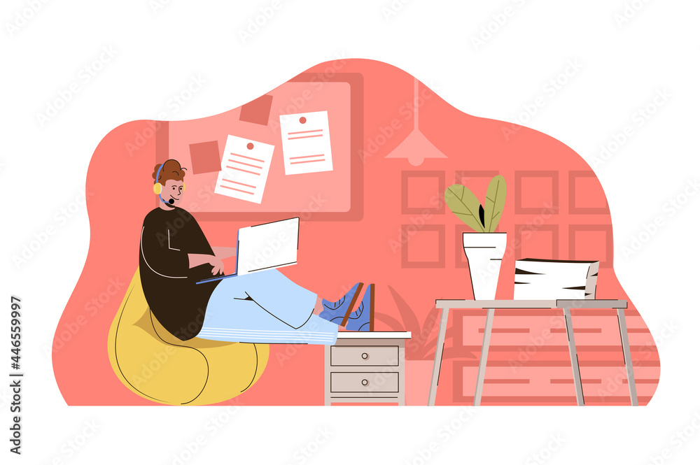 Poster Help desk concept. Operator in headphone communicates online with customers situation. Tech support, hotline people scene. Vector illustration with flat character design for website and mobile site