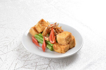 stir fried mixed vegetables with bean curd tofu, long bean and silver fish asian halal snack menu