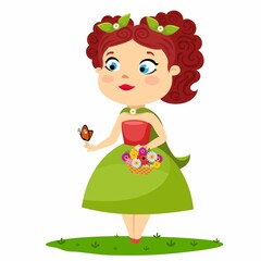 Spring girl with a basket of flowers.