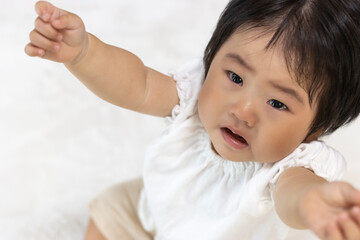 両手を挙げて、抱っこを要求する赤ちゃん(1歳、日本人、女の子)