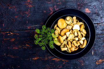 salted milk mushrooms with green sprigs of dill in a black bowl on a black wooden table with copy space top view