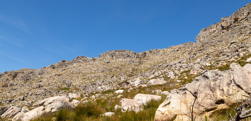 The stony landscape in the Bain's Kloof between Worcester and Wellington in the Bain's Kloof, Western Cape of South Africa