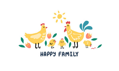 A cute happy family of birds. Rooster chicken and chicks together. Children naive cartoon style.