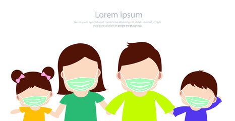 Obraz premium Family wearing with protective mask, prevention spread coronavirus covid 19. vector illustration