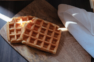 Close-up of two artisan waffle with honey