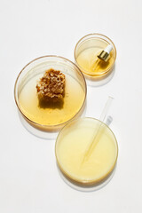 Abstract cosmetic laboratory. Chemical laboratory research. Nature cosmetics with honey.