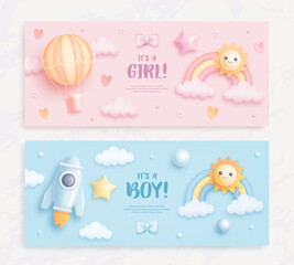 Set of baby shower invitation with cartoon sun, rainbow, helium balloons and flowers on blue and pink background. It's a boy. It's a girl. Vector illustration