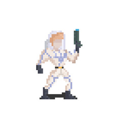 Pixel art carton space man character holding a gun.