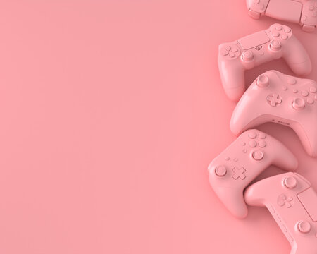 Set of lying gamer joysticks or gamepads on pink background