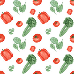 Watercolor vegetables seamless pattern on a white background. Hand-drawn red pepper, tomato, celery, and spinach endless print. Vegetable wallpaper. Salad ingredients backdrop.