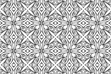 Ethnic pattern, geometric background. Oriental, Asian, Indian handmade style. Abstract isolated black white ornament. Template for creativity, coloring, design.