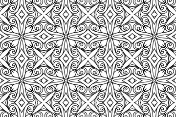 Ethnic pattern, geometric background. Oriental, Asian, Indian handmade style. Abstract isolated black white ornament. Template for creativity, coloring, design.
