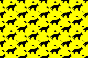 Black silhouette of German Shepherd dog.  Repeated full-length p