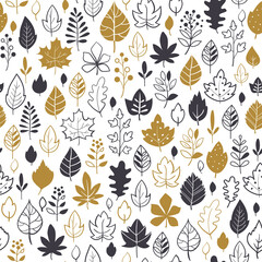 Autumn seamless background with leaf. Perfect for wrapping paper, fabric and textile. Scandinavian style, vector Illustration.