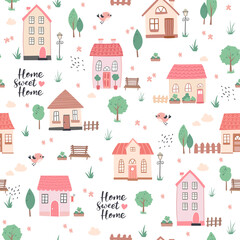 Fototapeta na wymiar Cute seamless pattern with houses and gardens. Perfect for fabric, textile, wallpaper. Vector Illustration